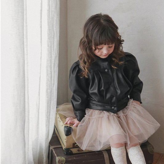 Girls Puff Sleeve PU Leather Jacket – Korean Style Stand-Up Collar