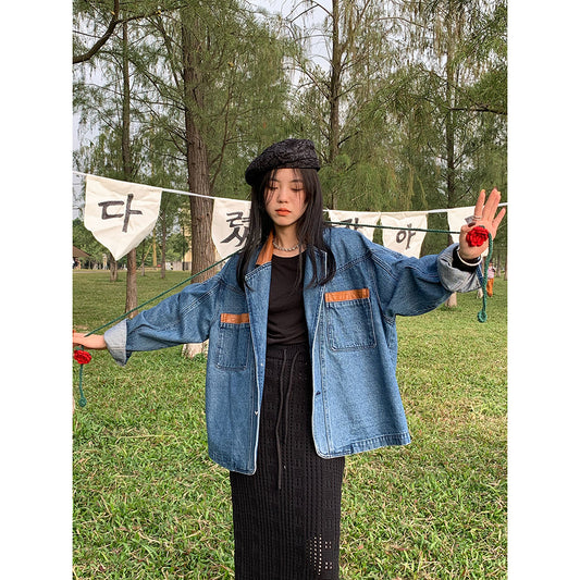 Women’s Loose PU Leather & Denim Jacket – Stylish & Comfortable