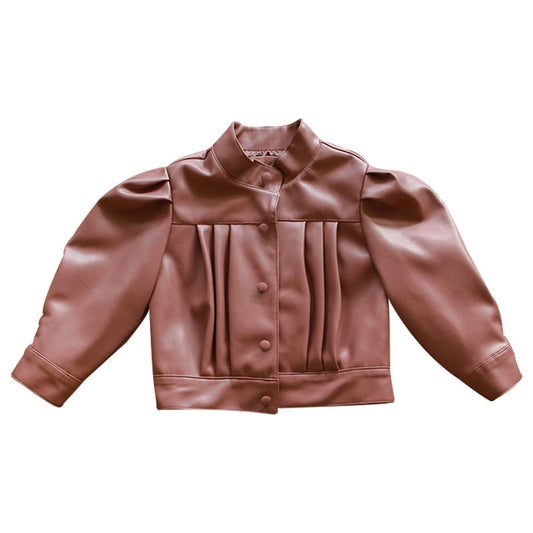 Girls Puff Sleeve PU Leather Jacket – Korean Style Stand-Up Collar