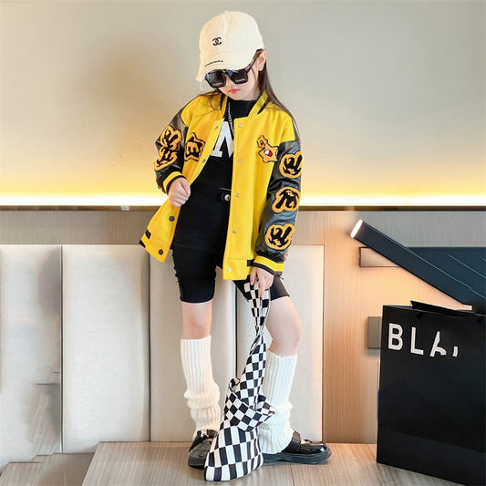 Girls Motorcycle Suit Western Style Stitching Leather Sleeve Jacket