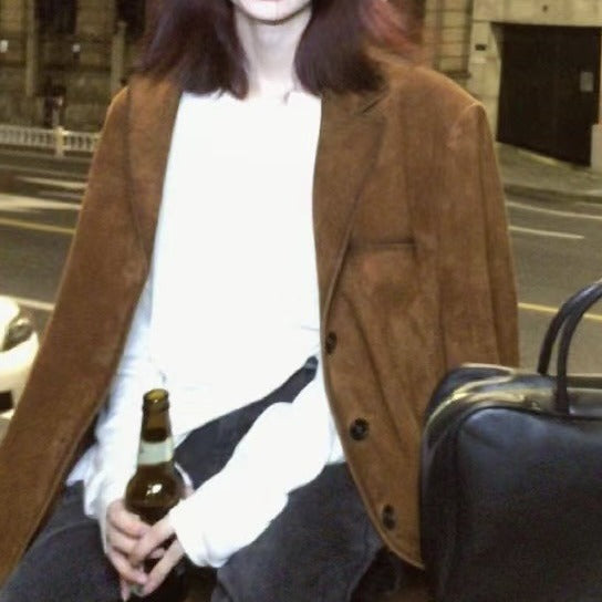 Women’s Retro Brown Leather Suit Jacket – Elegant, Timeless & Sophisticated